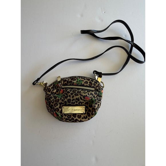 Betsey Johnson Leopard Rose Print Crossbody Bag Gold Logo Plate Floral Animal - Picture 3 of 7